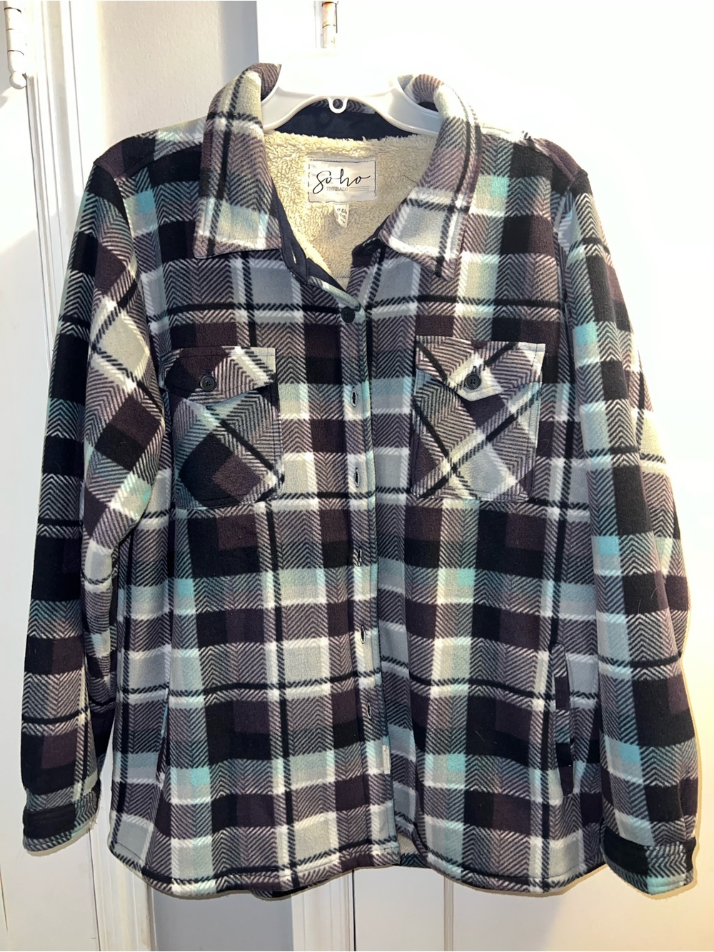 Soho Threads Fleece Jacket Women’s XXL Shirt Plaid button collar pockets soft